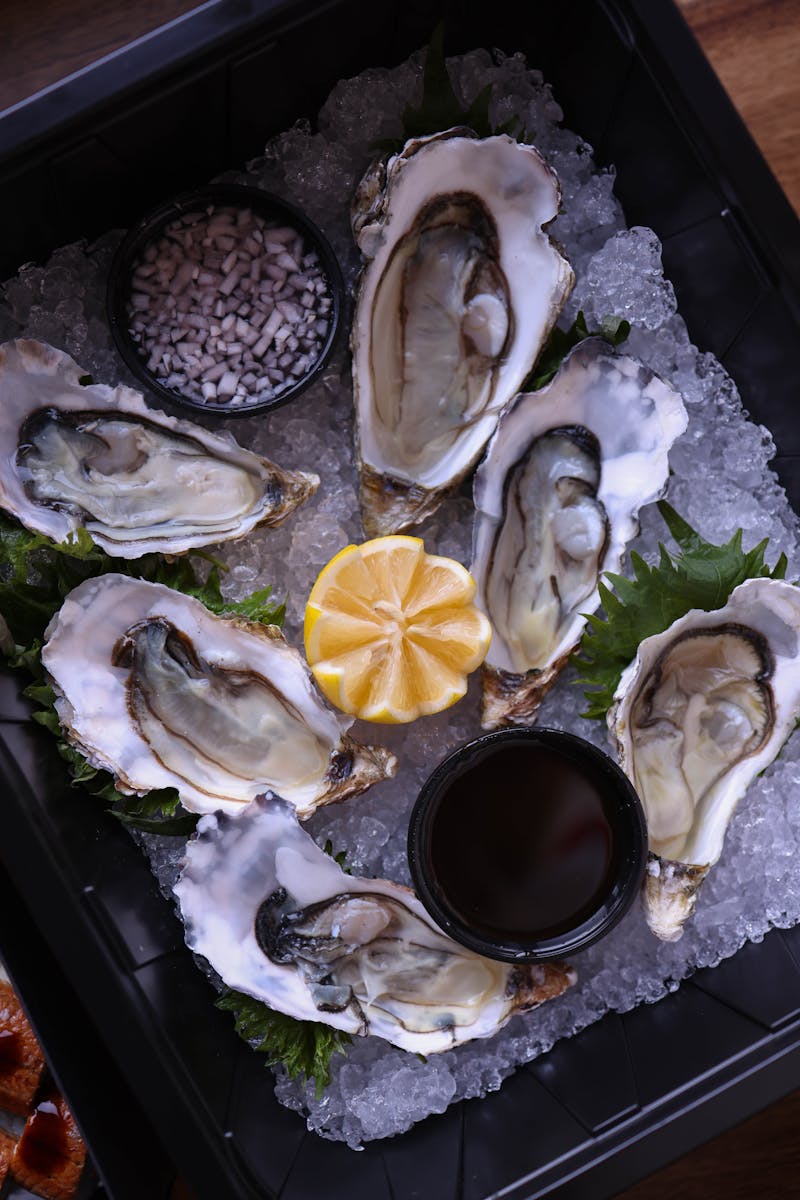 Fresh Oysters on Ice with Lemon Slice