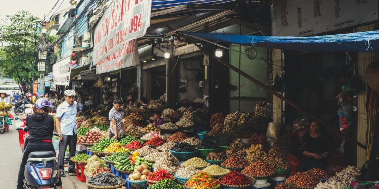 Person in Scooter in Front of Vegetables