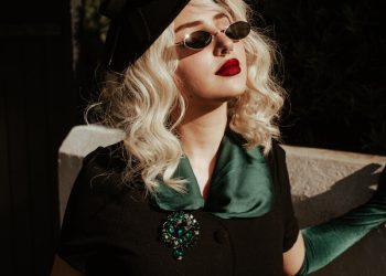 Blonde Woman with Red Lipstick Wearing Black Sunglasses